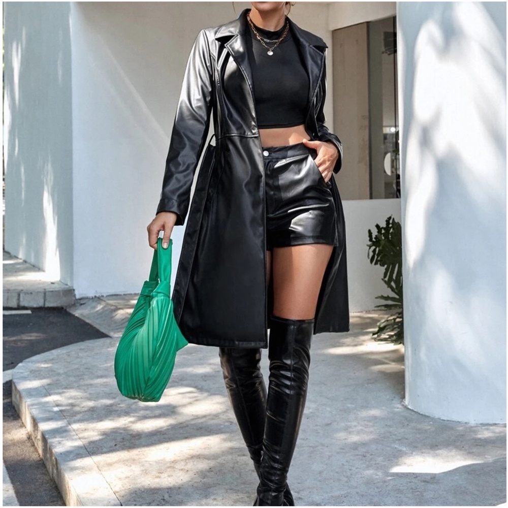 Luxe Black Vegan Leather belted Jacket Coat - Picture 6 of 7